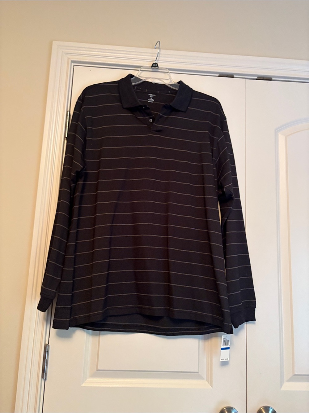 Van Heusen Men’s Long-Sleeve Polo - Black with Thin Gray Stripes
